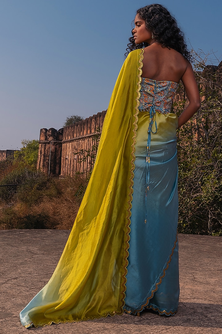 Mist Blue & Dry Henna Silk Organza Ombre Wedding Saree Set by Punit Balana at Pernia's Pop Up Shop