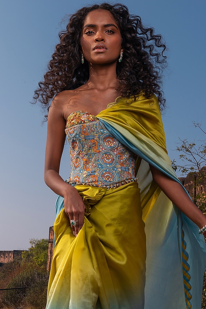 Mist Blue & Dry Henna Silk Organza Ombre Wedding Saree Set by Punit Balana at Pernia's Pop Up Shop