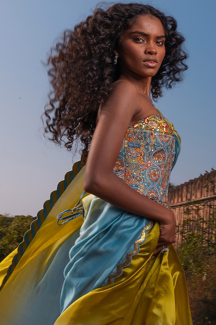 Mist Blue & Dry Henna Silk Organza Ombre Wedding Saree Set by Punit Balana at Pernia's Pop Up Shop
