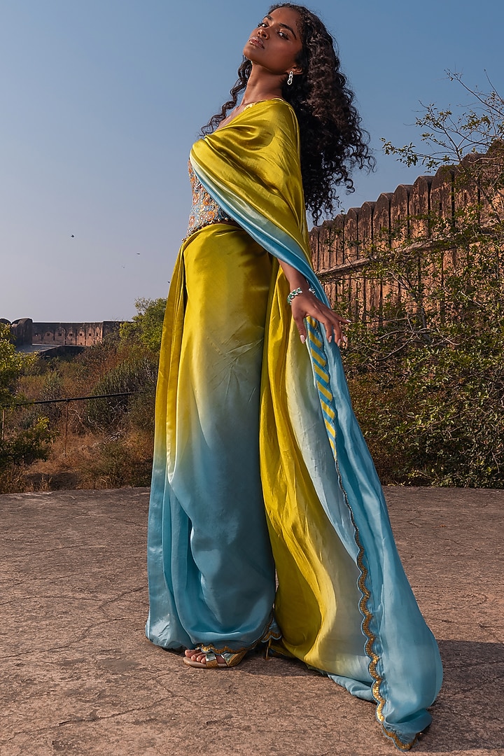 Mist Blue & Dry Henna Silk Organza Ombre Wedding Saree Set by Punit Balana at Pernia's Pop Up Shop
