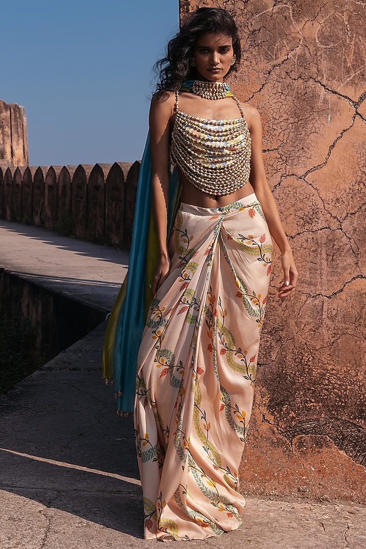 Multi-Colored Satin Printed Skirt Set by Punit Balana at Pernia's Pop Up Shop