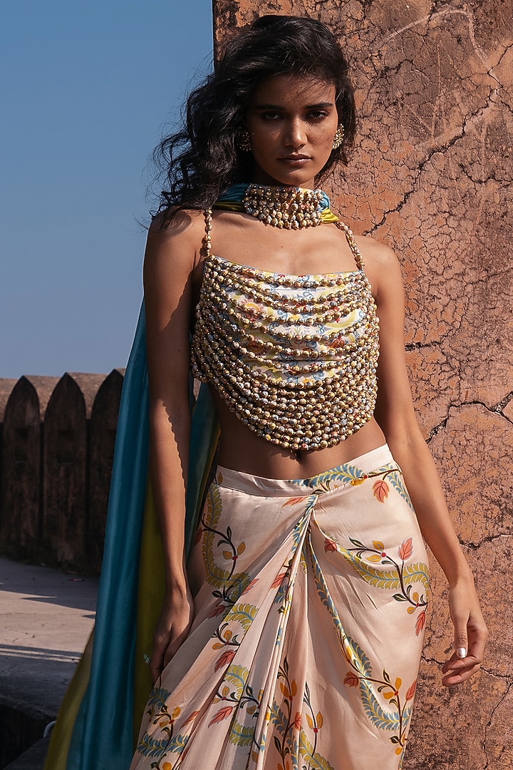 Multi-Colored Satin Printed Skirt Set by Punit Balana at Pernia's Pop Up Shop