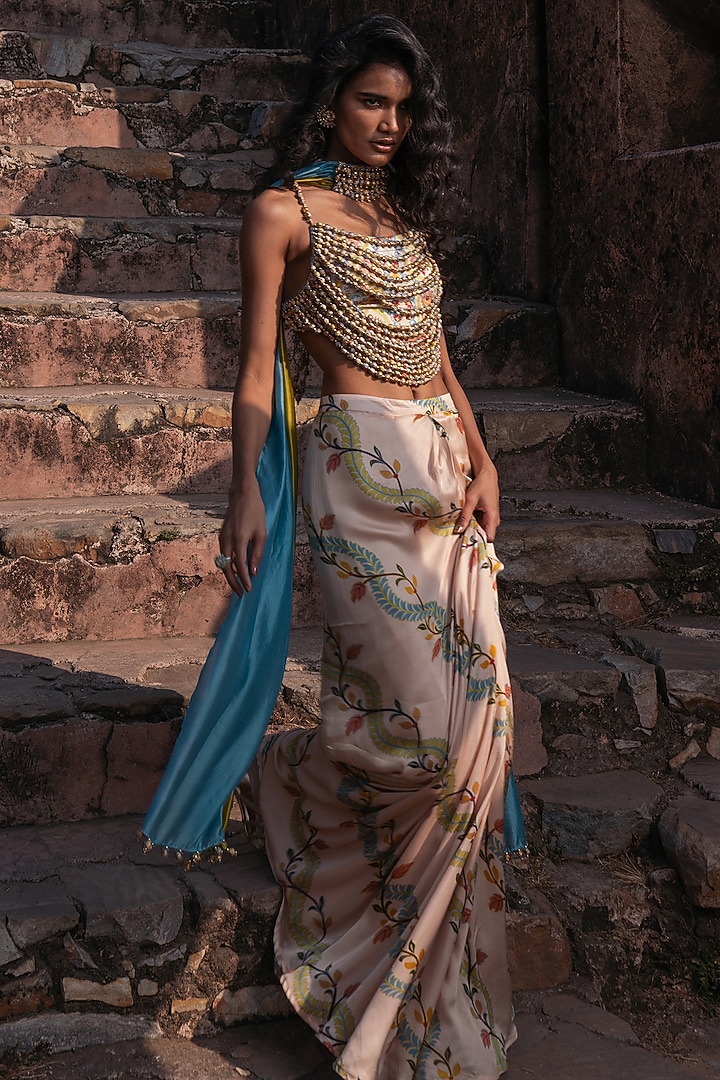 Multi-Colored Satin Printed Skirt Set by Punit Balana at Pernia's Pop Up Shop