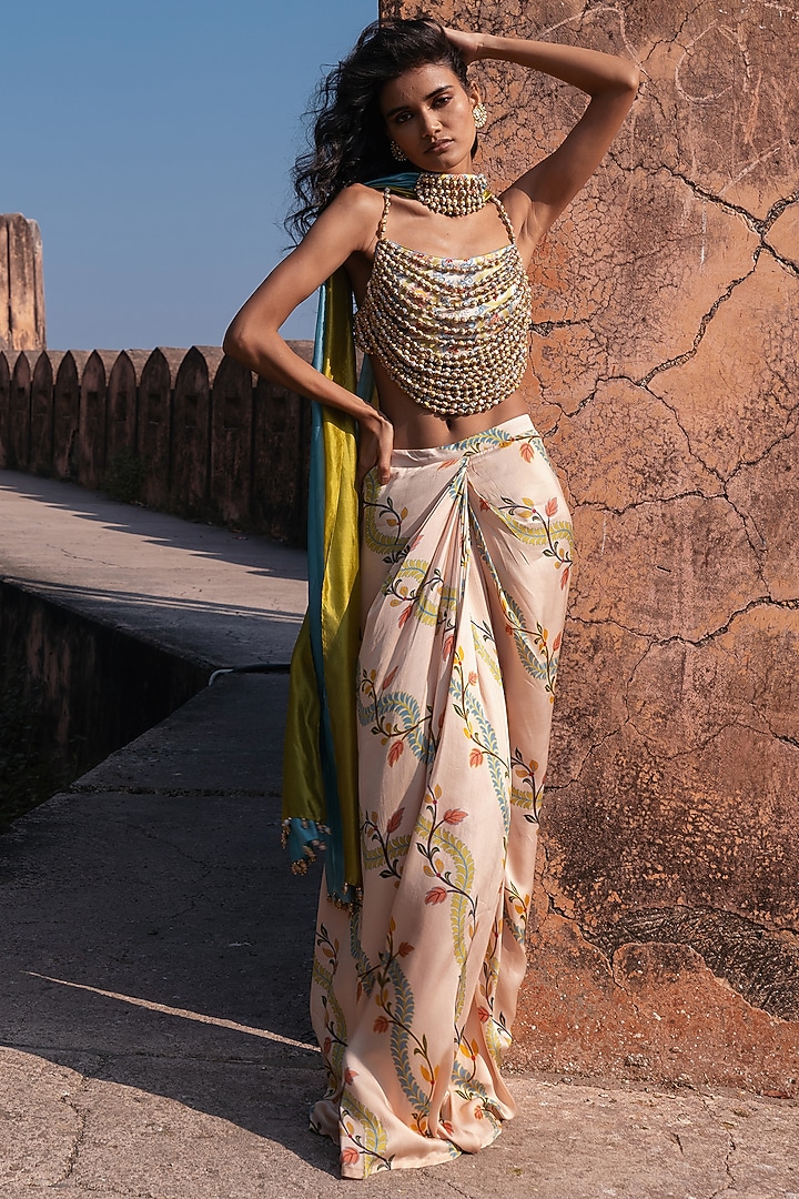 Multi-Colored Satin Printed Skirt Set by Punit Balana at Pernia's Pop Up Shop