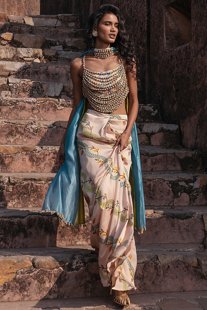 Multi-Colored Satin Printed Skirt Set by Punit Balana at Pernia's Pop Up Shop