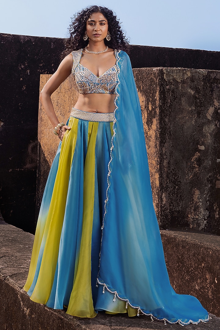 Mist Blue & Dry Henna Organza Wedding Lehenga Set by Punit Balana at Pernia's Pop Up Shop