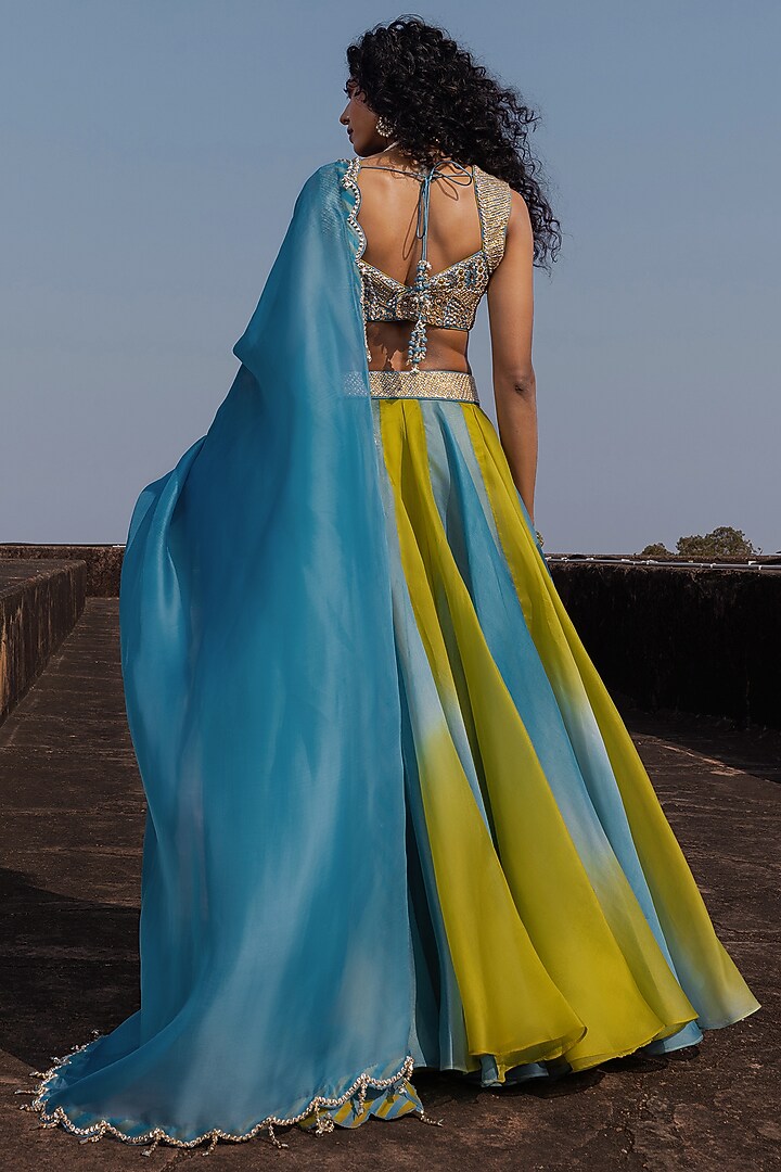 Mist Blue & Dry Henna Organza Wedding Lehenga Set by Punit Balana at Pernia's Pop Up Shop