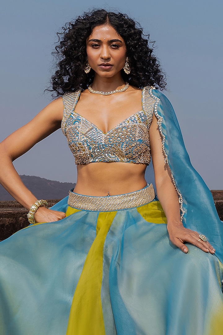 Mist Blue & Dry Henna Organza Wedding Lehenga Set by Punit Balana at Pernia's Pop Up Shop