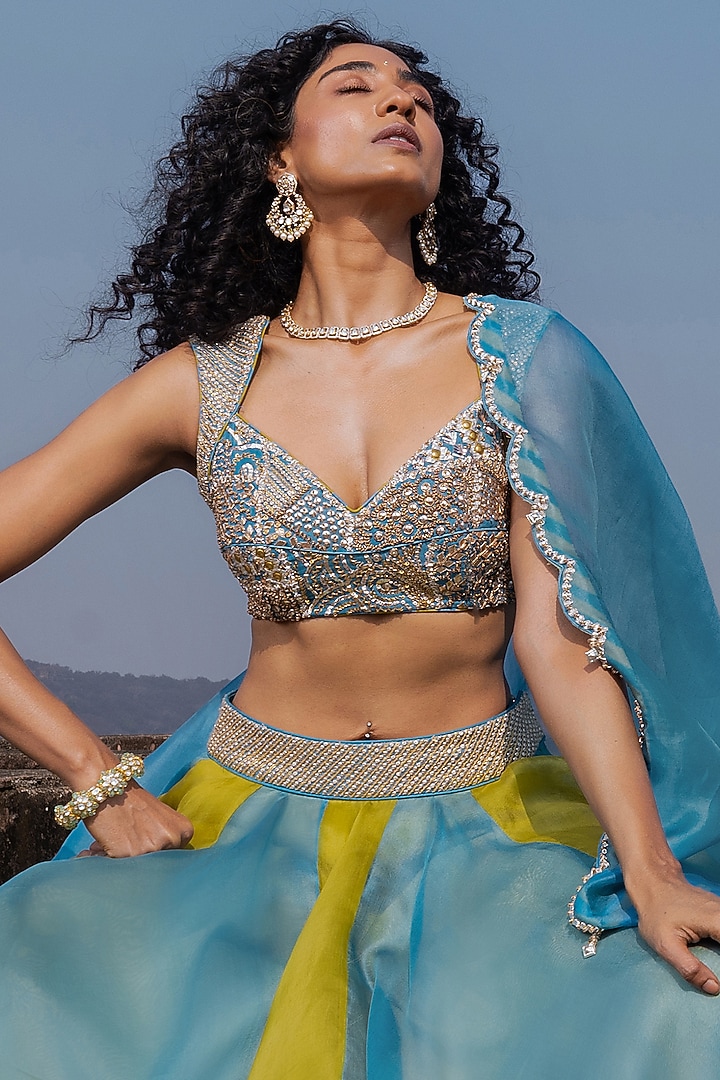 Mist Blue & Dry Henna Organza Wedding Lehenga Set by Punit Balana at Pernia's Pop Up Shop