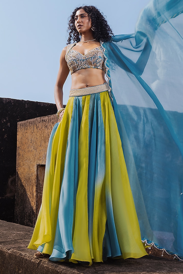 Mist Blue & Dry Henna Organza Wedding Lehenga Set by Punit Balana at Pernia's Pop Up Shop