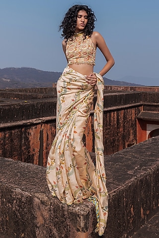 Buttercup-Colored Silk Organza Printed Saree Set by Punit Balana
