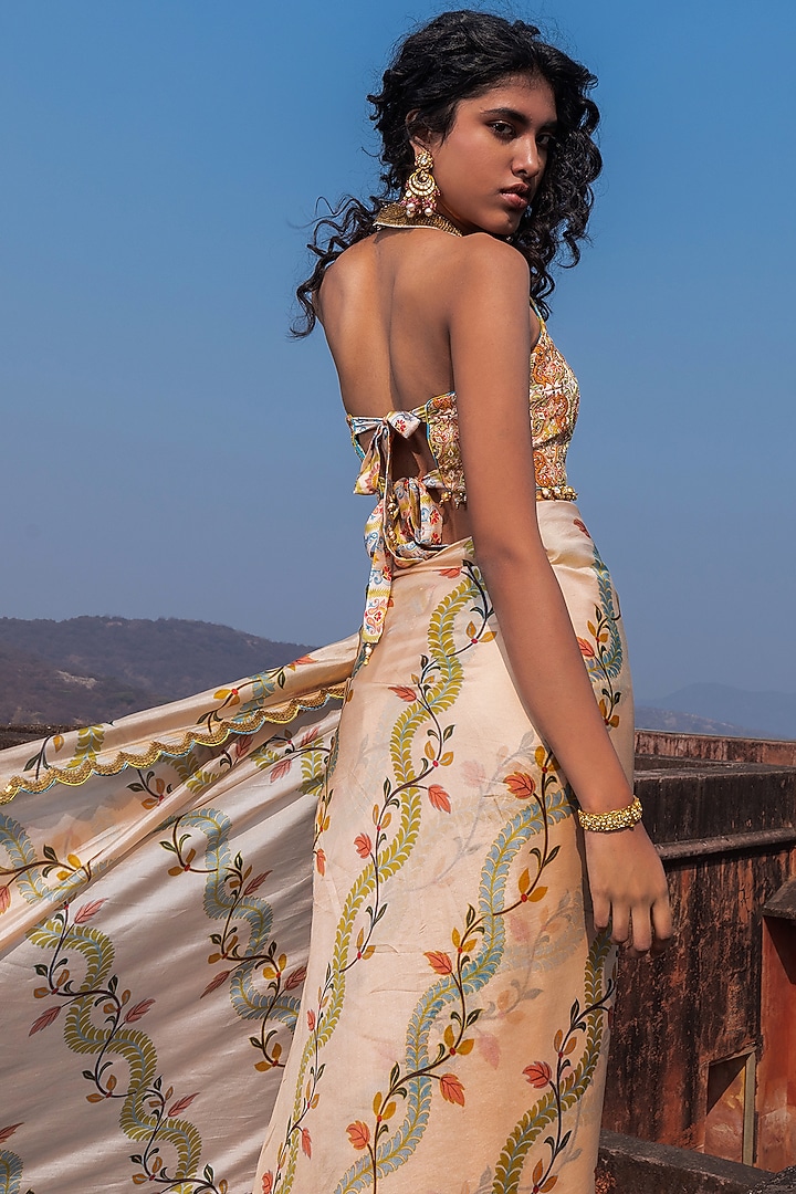 Buttercup-Colored Silk Organza Printed Wedding Saree Set by Punit Balana at Pernia's Pop Up Shop