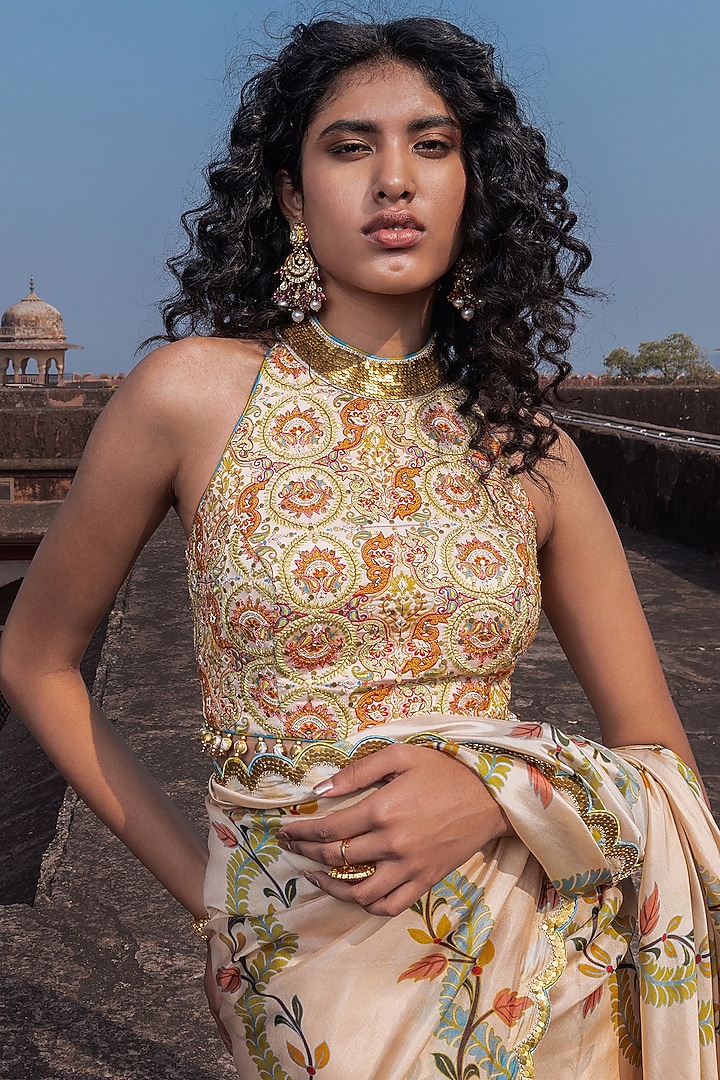 Buttercup-Colored Silk Organza Printed Wedding Saree Set by Punit Balana at Pernia's Pop Up Shop