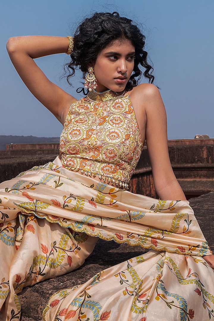 Buttercup-Colored Silk Organza Printed Wedding Saree Set by Punit Balana at Pernia's Pop Up Shop