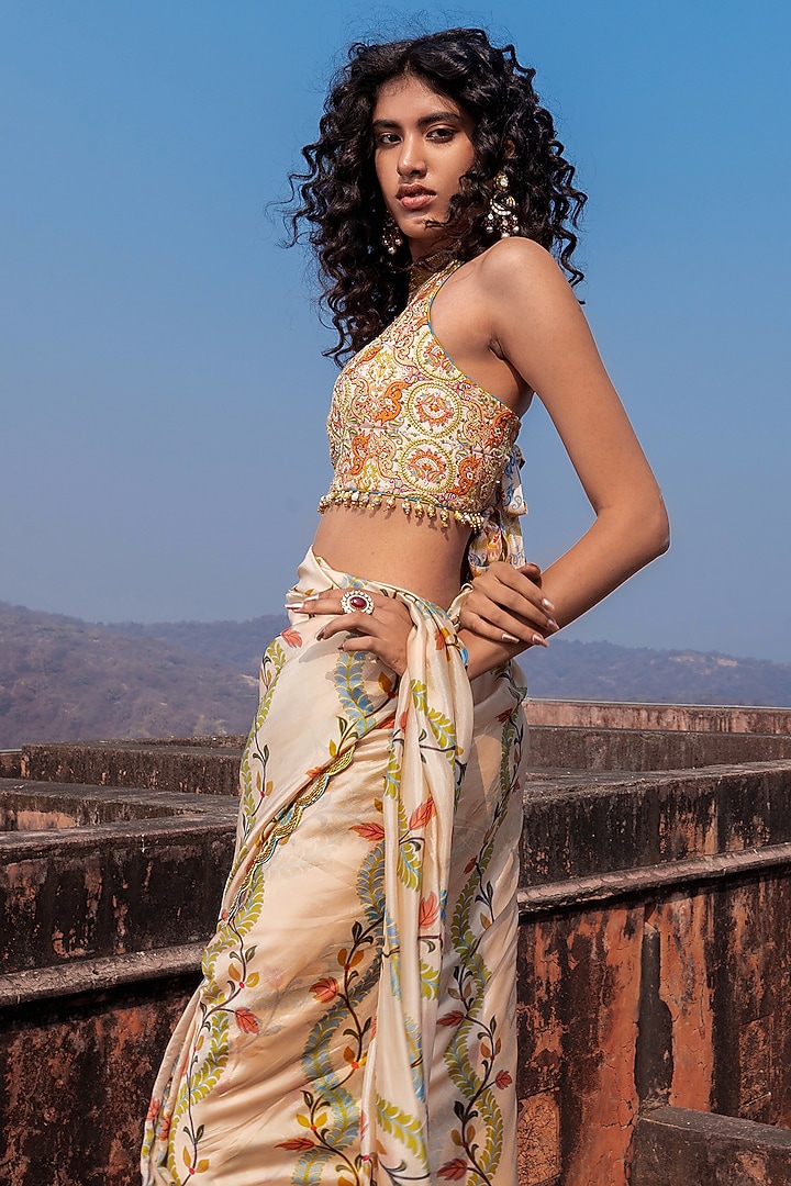 Buttercup-Colored Silk Organza Printed Wedding Saree Set by Punit Balana at Pernia's Pop Up Shop