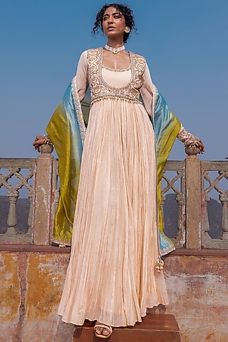 Multi-Colored Handloom Chanderi Anarkali Set by Punit Balana