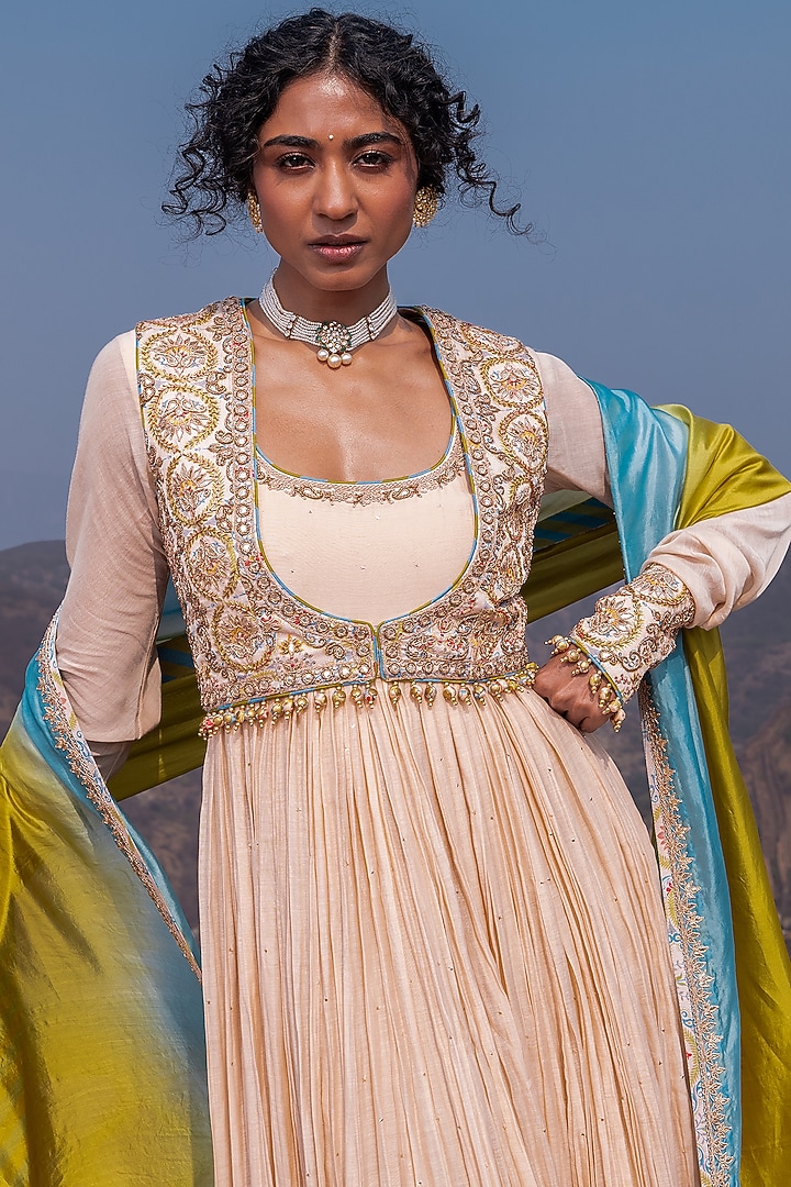 Multi-Colored Handloom Chanderi Anarkali Set by Punit Balana at Pernia's Pop Up Shop