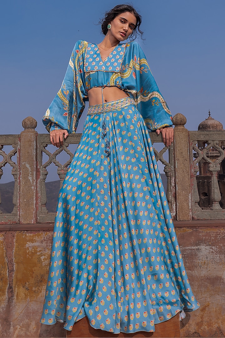 Mist Blue Satin Silk Printed & Embroidered Skirt Set by Punit Balana at Pernia's Pop Up Shop