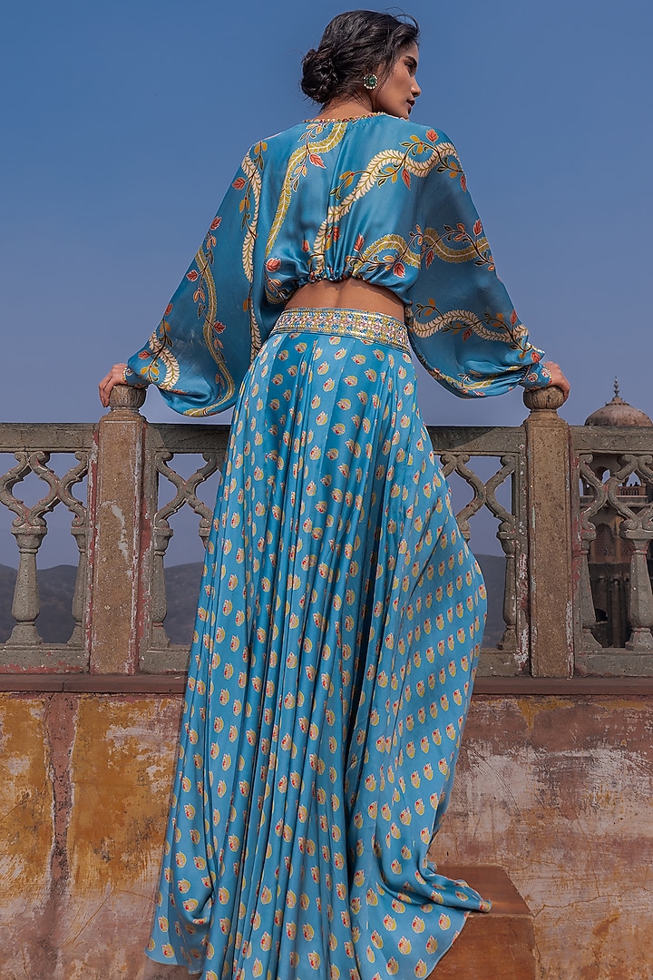 Mist Blue Satin Silk Printed & Embroidered Skirt Set by Punit Balana at Pernia's Pop Up Shop