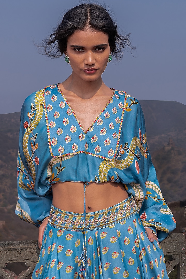 Mist Blue Satin Silk Printed & Embroidered Skirt Set by Punit Balana at Pernia's Pop Up Shop
