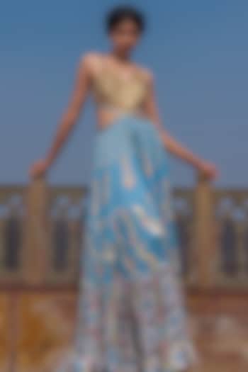 Mist Blue Satin Silk Printed & Embroidered Cocktail Dress by Punit Balana at Pernia's Pop Up Shop