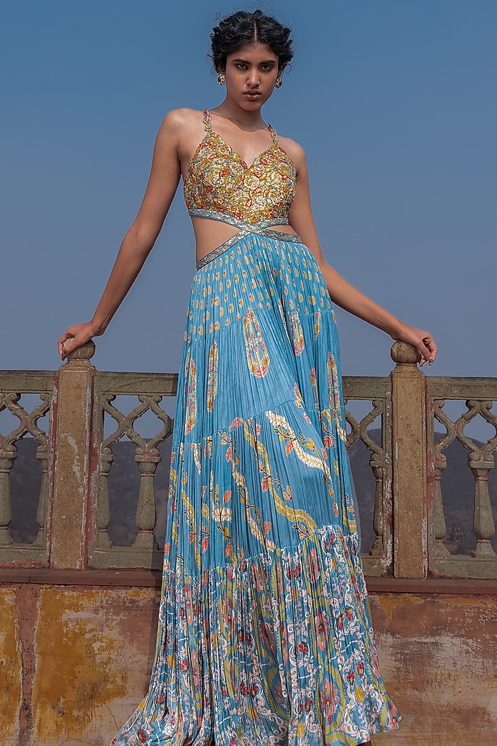 Mist Blue Satin Silk Printed & Embroidered Cocktail Dress by Punit Balana at Pernia's Pop Up Shop