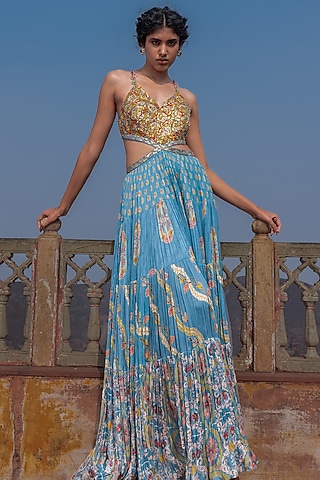 Mist Blue Satin Silk Printed & Embroidered Dress by Punit Balana