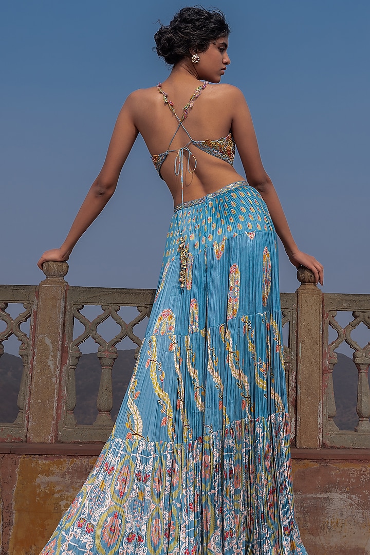 Mist Blue Satin Silk Printed & Embroidered Cocktail Dress by Punit Balana at Pernia's Pop Up Shop