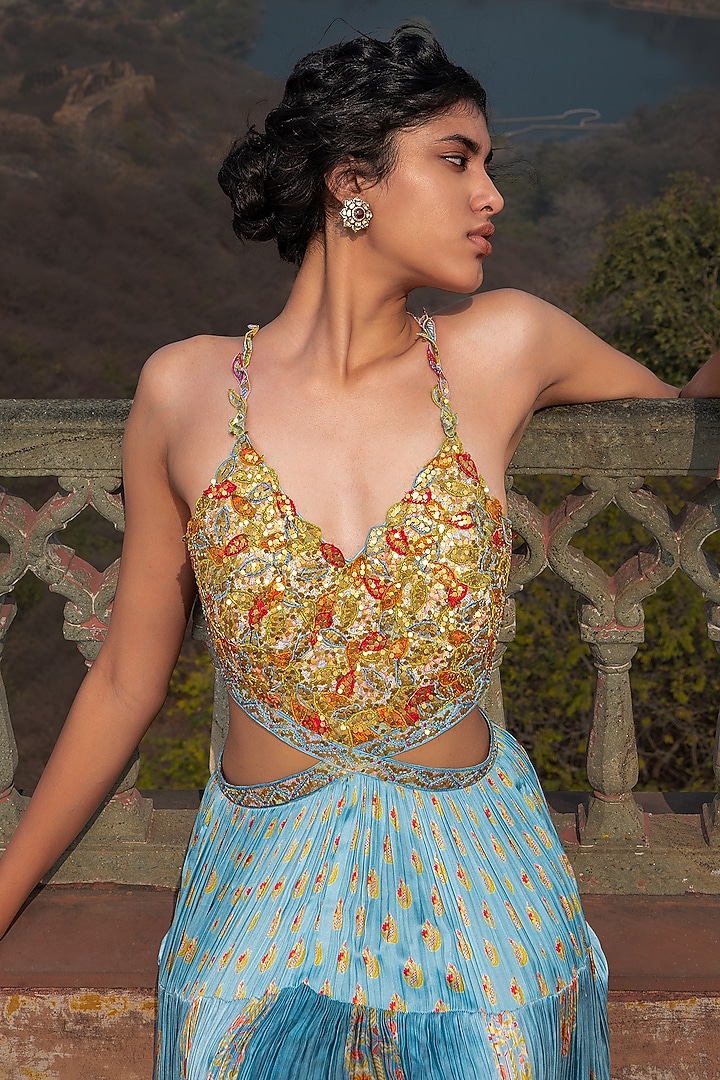 Mist Blue Satin Silk Printed & Embroidered Cocktail Dress by Punit Balana at Pernia's Pop Up Shop