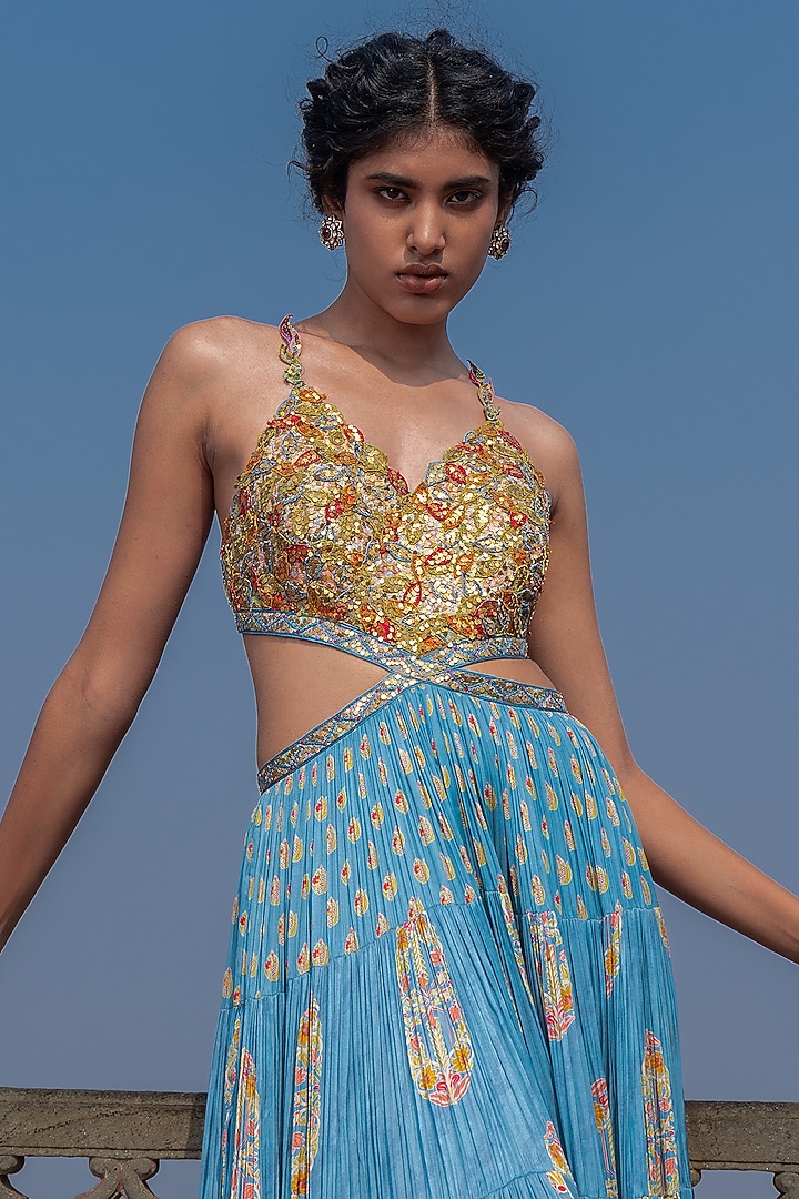 Mist Blue Satin Silk Printed & Embroidered Cocktail Dress by Punit Balana at Pernia's Pop Up Shop