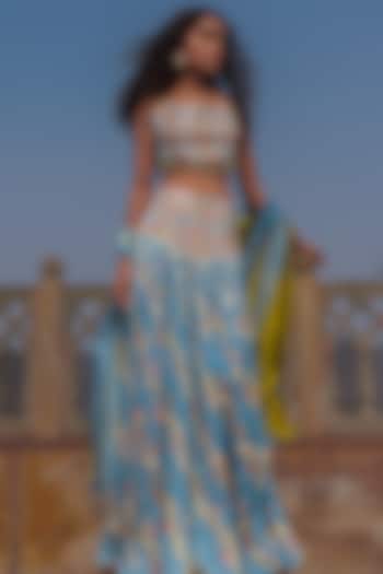 Mist Blue & Henna Green Satin Silk Printed Skirt Set by Punit Balana at Pernia's Pop Up Shop