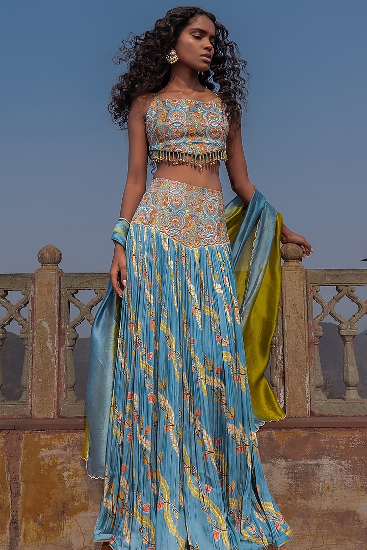Mist Blue & Henna Green Satin Silk Printed Skirt Set by Punit Balana at Pernia's Pop Up Shop