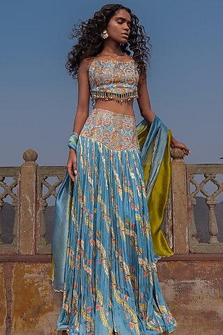 Mist Blue & Henna Green Satin Silk Printed Skirt Set by Punit Balana