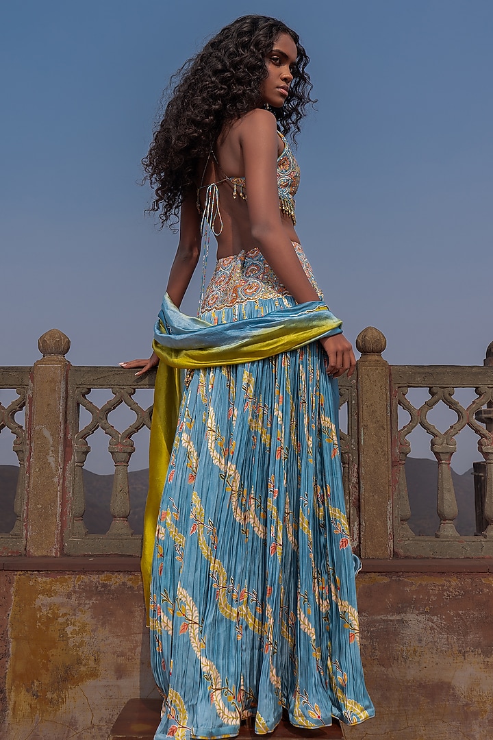 Mist Blue & Henna Green Satin Silk Printed Skirt Set by Punit Balana at Pernia's Pop Up Shop