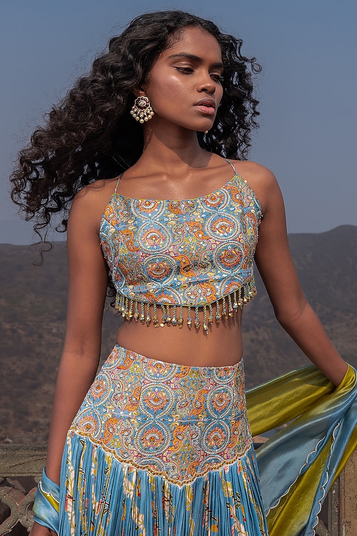 Mist Blue & Henna Green Satin Silk Printed Skirt Set by Punit Balana at Pernia's Pop Up Shop