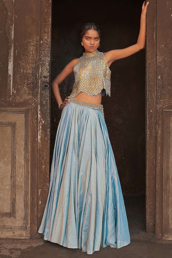 Mist Blue Tissue Silk Skirt Set by Punit Balana at Pernia's Pop Up Shop