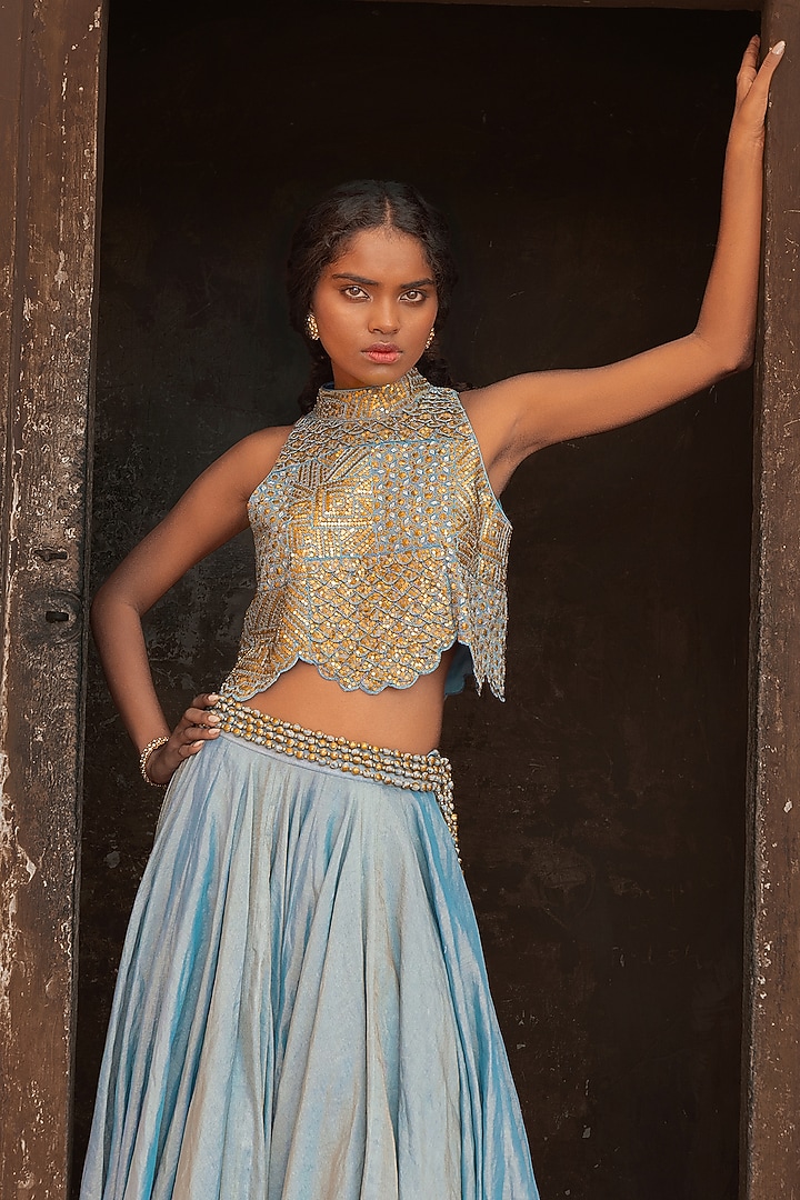 Mist Blue Tissue Silk Skirt Set by Punit Balana at Pernia's Pop Up Shop