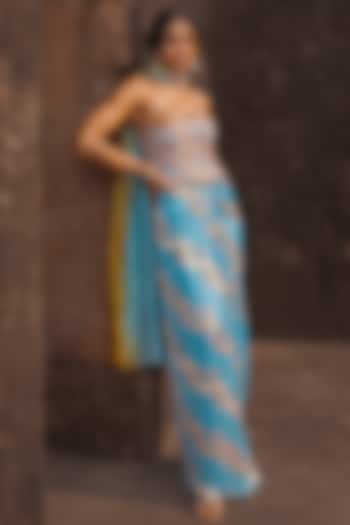 Mist Blue & Henna Green Satin Silk Printed Skirt Set by Punit Balana at Pernia's Pop Up Shop