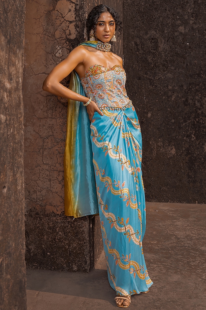 Mist Blue & Henna Green Satin Silk Printed Skirt Set by Punit Balana at Pernia's Pop Up Shop