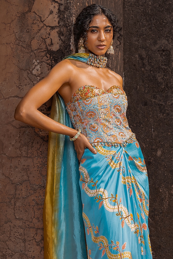 Mist Blue & Henna Green Satin Silk Printed Skirt Set by Punit Balana at Pernia's Pop Up Shop