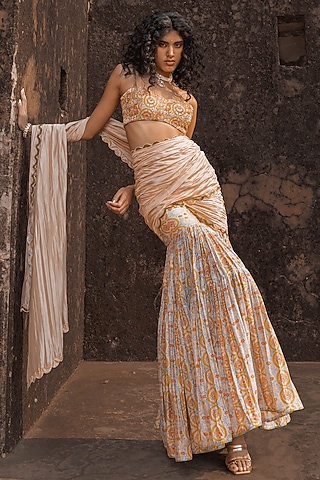 Buttercup-Colored Silk Chanderi Printed Gharara Set by Punit Balana