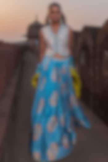 Mist Blue & Henna Green Silk Chanderi Printed Skirt Set by Punit Balana at Pernia's Pop Up Shop