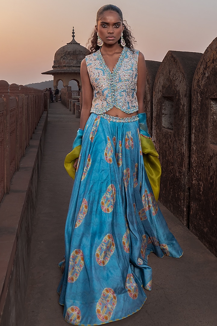 Mist Blue & Henna Green Silk Chanderi Printed Skirt Set by Punit Balana at Pernia's Pop Up Shop