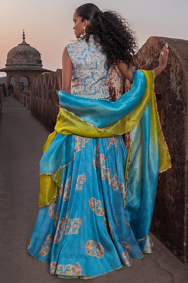 Mist Blue & Henna Green Silk Chanderi Printed Skirt Set by Punit Balana at Pernia's Pop Up Shop