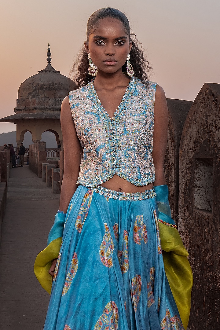 Mist Blue & Henna Green Silk Chanderi Printed Skirt Set by Punit Balana at Pernia's Pop Up Shop