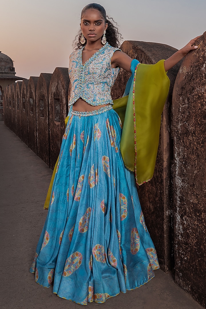 Mist Blue & Henna Green Silk Chanderi Printed Skirt Set by Punit Balana at Pernia's Pop Up Shop