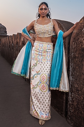 Buttercup-Colored Satin Silk Printed Skirt by Punit Balana