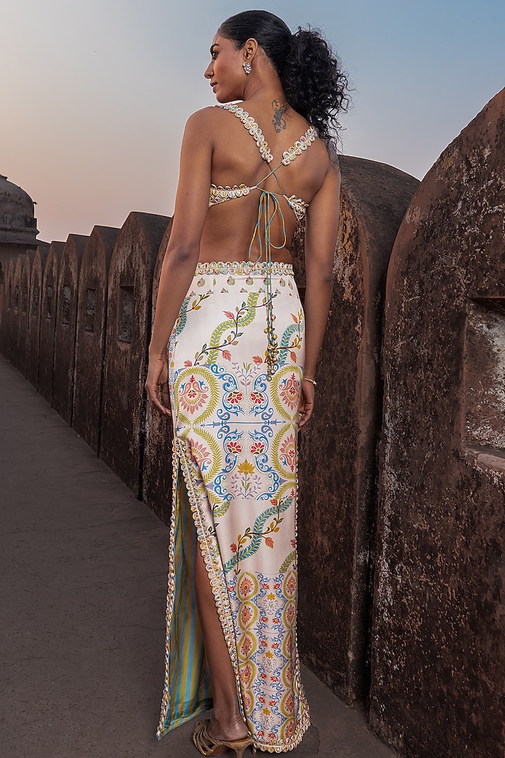 Buttercup-Colored Satin Silk Printed Skirt by Punit Balana at Pernia's Pop Up Shop