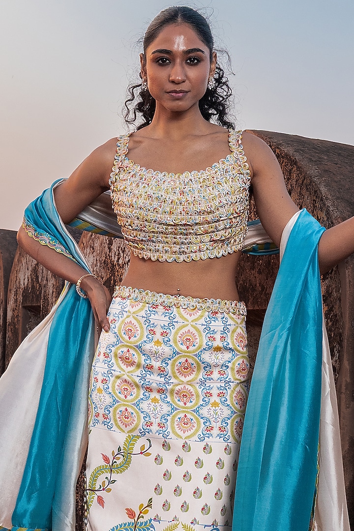Buttercup-Colored Satin Silk Printed Skirt by Punit Balana at Pernia's Pop Up Shop