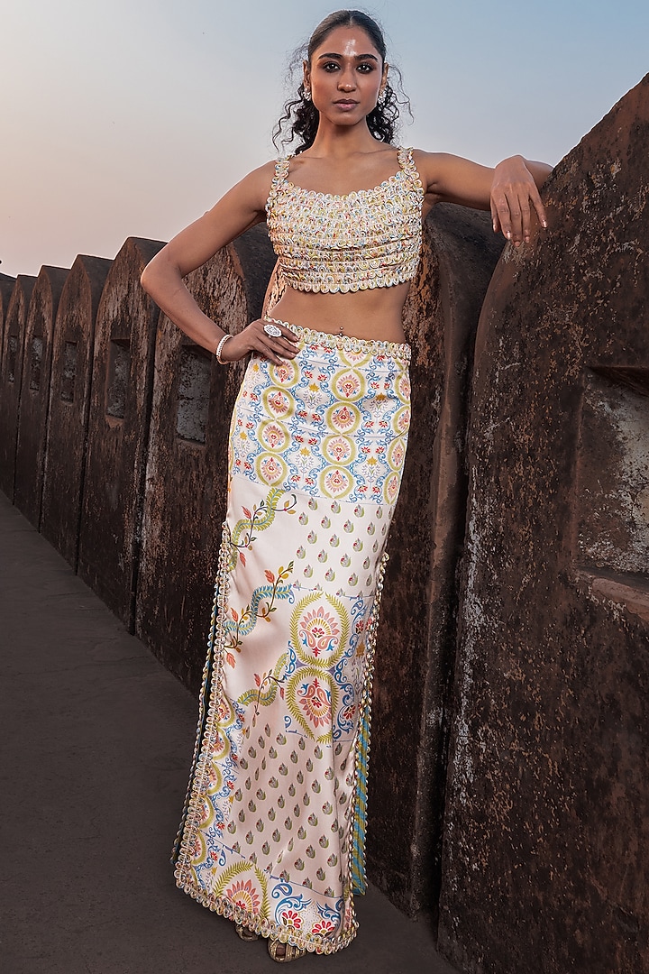 Buttercup-Colored Satin Silk Printed Skirt by Punit Balana at Pernia's Pop Up Shop